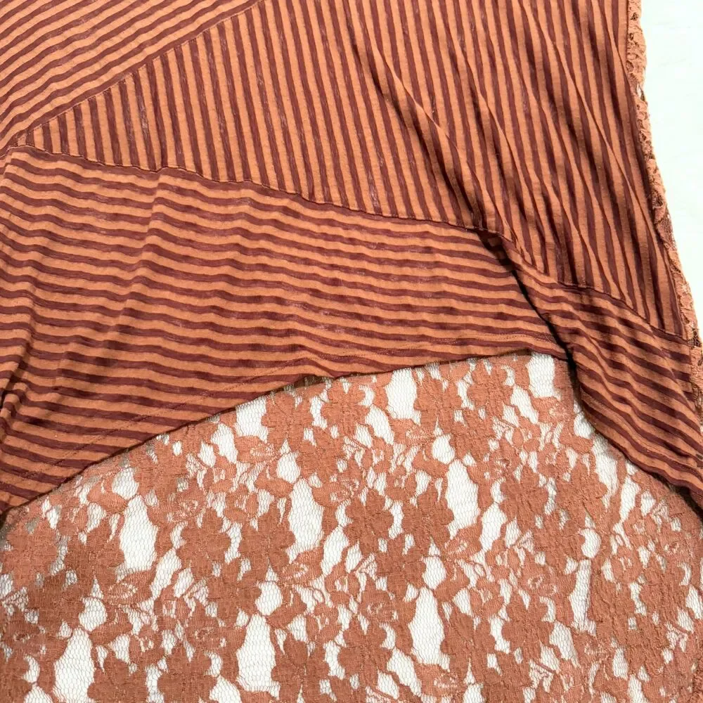 Free People Daydream Hi Low Lace Stripe Round Neck Tunic Burnt Orange Small